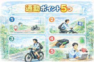 タイトルを電動自転車通勤ポイント5つ
